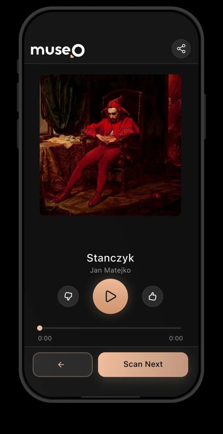 Museo app — Stańczyk recognized, ready to play the narration