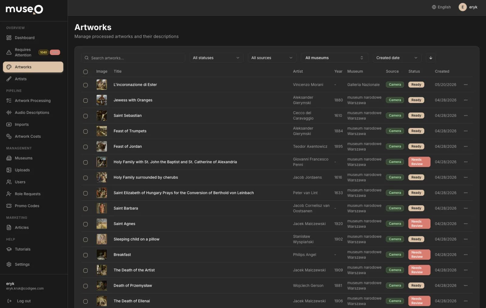 Museo admin panel — artworks management dashboard